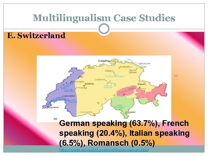 Multilingualism Case Studies E. Switzerland German speaking (63. 7%), French speaking (20. 4%), Italian