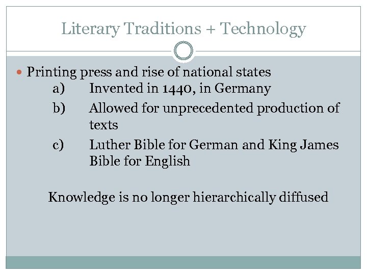 Literary Traditions + Technology Printing press and rise of national states a) b) c)