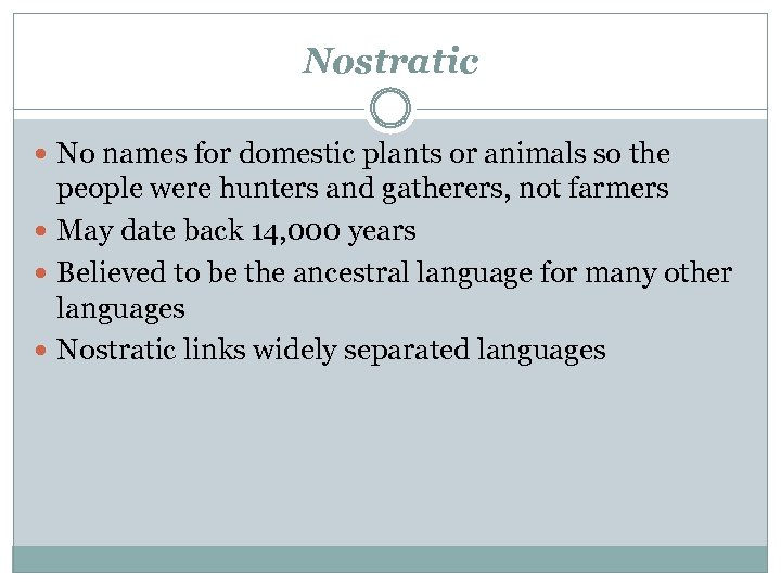 Nostratic No names for domestic plants or animals so the people were hunters and