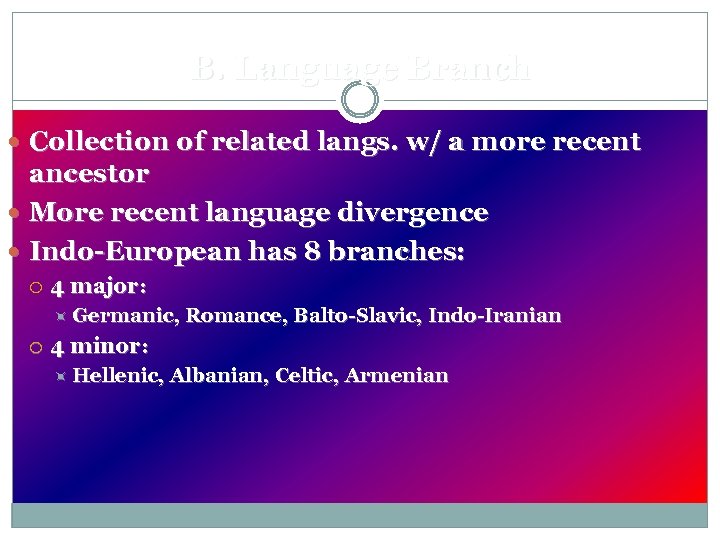 B. Language Branch Collection of related langs. w/ a more recent ancestor More recent