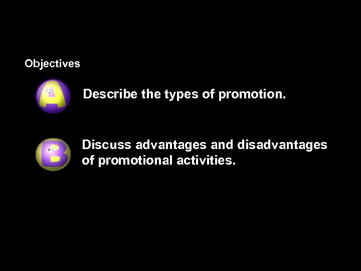 Objectives Describe the types of promotion. Discuss advantages and disadvantages of promotional activities. 