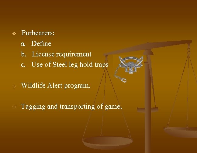 v Furbearers: a. Define b. License requirement c. Use of Steel leg hold traps