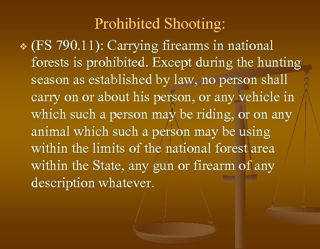 Prohibited Shooting: v (FS 790. 11): Carrying firearms in national forests is prohibited. Except