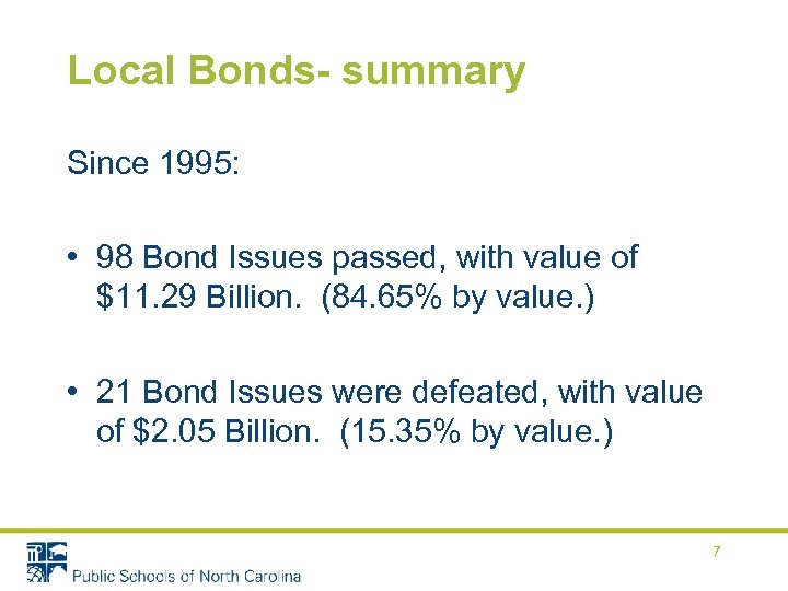 Local Bonds- summary Since 1995: • 98 Bond Issues passed, with value of $11.