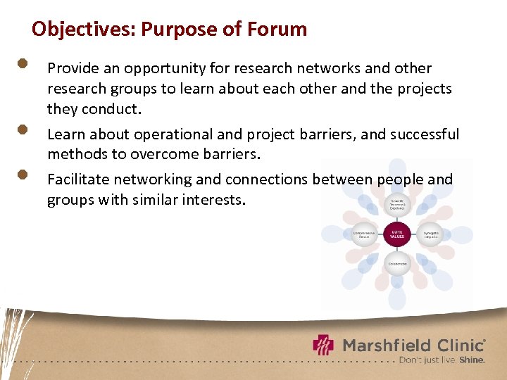  • • • Objectives: Purpose of Forum Provide an opportunity for research networks