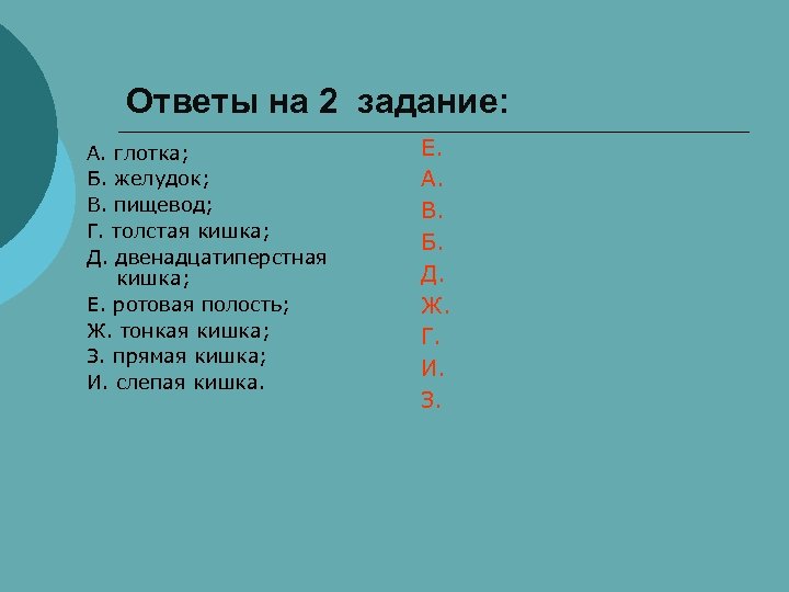 Ответы на 2 задание: А. глотка; Б. желудок; В. пищевод; Г. толстая кишка; Д.