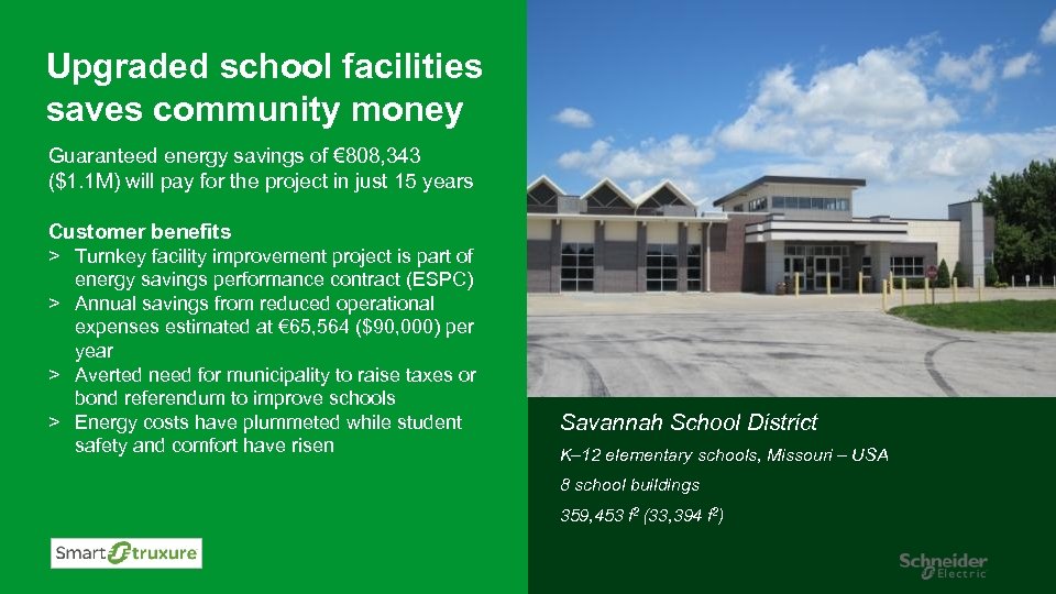 Upgraded school facilities saves community money Guaranteed energy savings of € 808, 343 ($1.