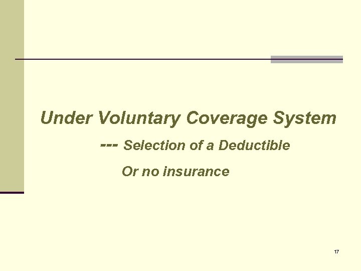 Under Voluntary Coverage System --- Selection of a Deductible Or no insurance 17 