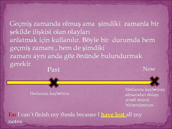 Geçmiş zamanda olmuş ama şimdiki zamanla bir şekilde ilişkisi olan olayları anlatmak için kullanılır.