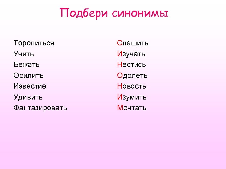 Подбери синонимы Торопиться Учить Бежать Осилить Известие Удивить Фантазировать Спешить Изучать Нестись Одолеть Новость