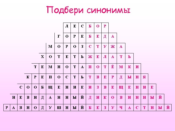 Подбери синонимы Л С Б О Р Г О Р Е Б Е Д