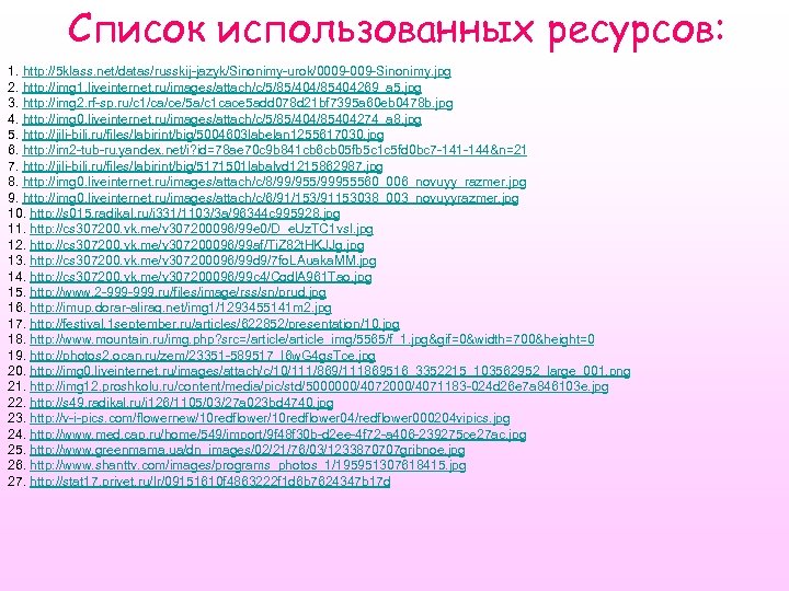 Список использованных ресурсов: 1. http: //5 klass. net/datas/russkij-jazyk/Sinonimy-urok/0009 -Sinonimy. jpg 2. http: //img 1.