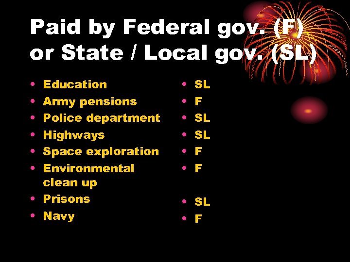 Paid by Federal gov. (F) or State / Local gov. (SL) • • •