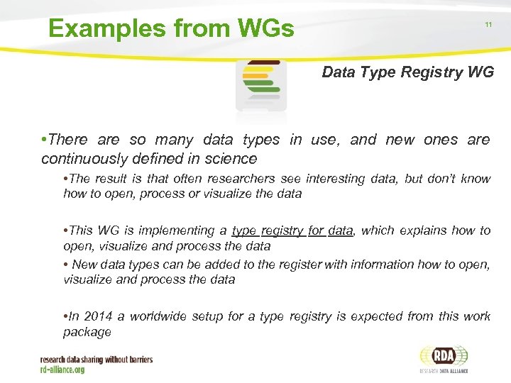 Examples from WGs 11 Data Type Registry WG • There are so many data