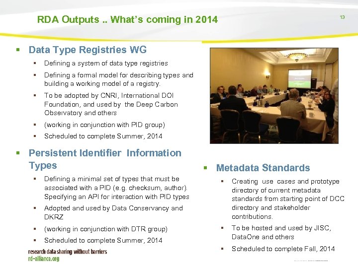 RDA Outputs. . What’s coming in 2014 13 Data Type Registries WG Defining a