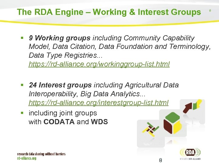 The RDA Engine – Working & Interest Groups 8 9 Working groups including Community