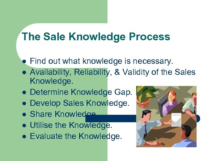 The Sale Knowledge Process l l l l Find out what knowledge is necessary.