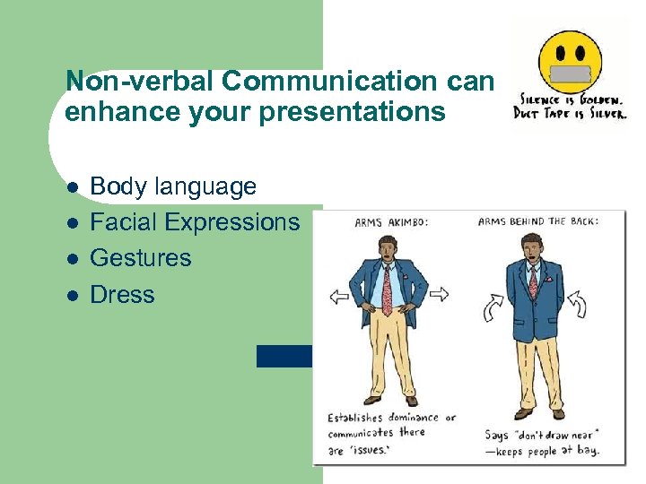 Non-verbal Communication can enhance your presentations l l Body language Facial Expressions Gestures Dress