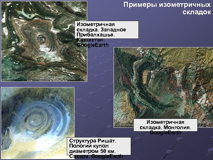 Примеры изометричных складок Изометричная складка. Западное Прибалхашье. Казахстан. Google. Earth Изометричная складка. Монголия. Google.
