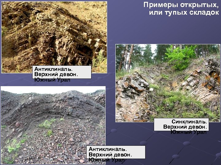 Примеры открытых, или тупых складок Антиклиналь. Верхний девон. Южный Урал Синклиналь. Верхний девон. Южный