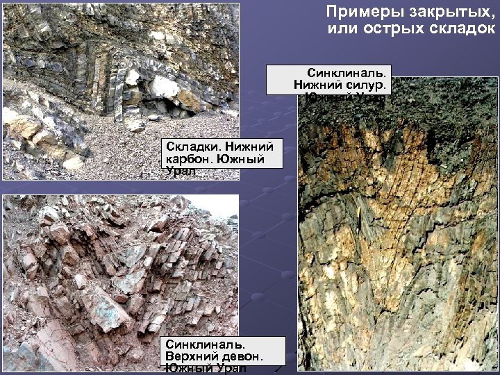 Примеры закрытых, или острых складок Синклиналь. Нижний силур. Южный Урал Складки. Нижний карбон. Южный