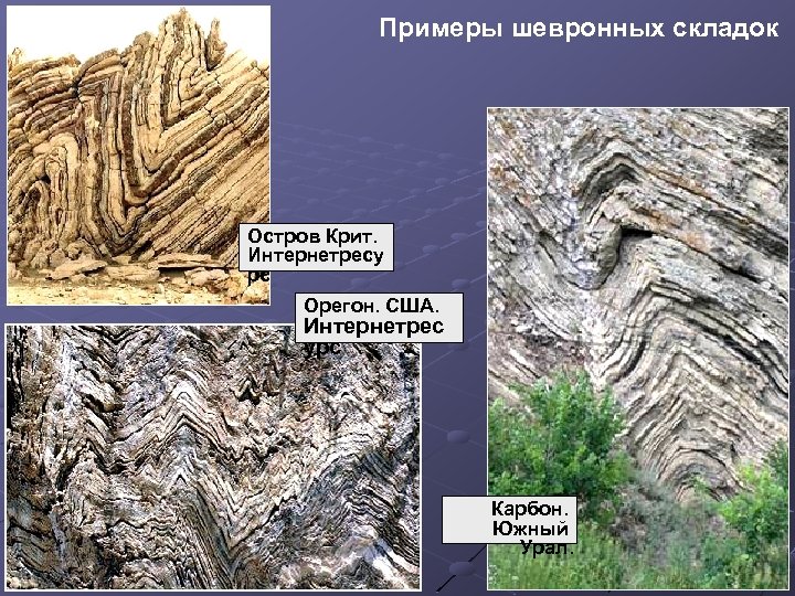 Примеры шевронных складок Остров Крит. Интернетресу рс Орегон. США. Интернетрес урс Карбон. Южный Урал.