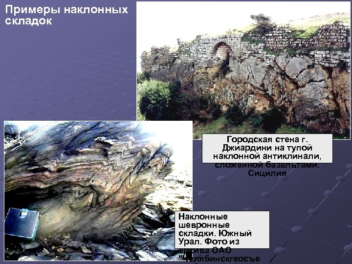 Примеры наклонных складок Городская стена г. Джиардини на тупой наклонной антиклинали, сложенной базальтами. Сицилия
