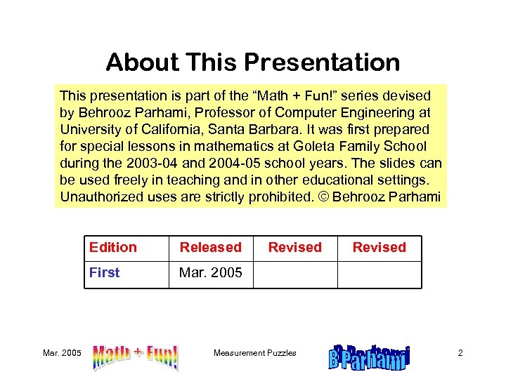About This Presentation This presentation is part of the “Math + Fun!” series devised