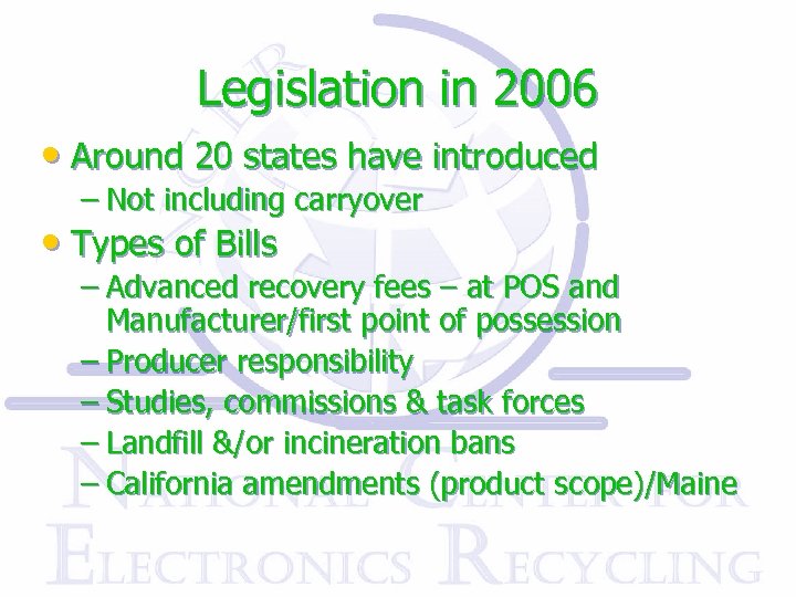 Legislation in 2006 • Around 20 states have introduced – Not including carryover •