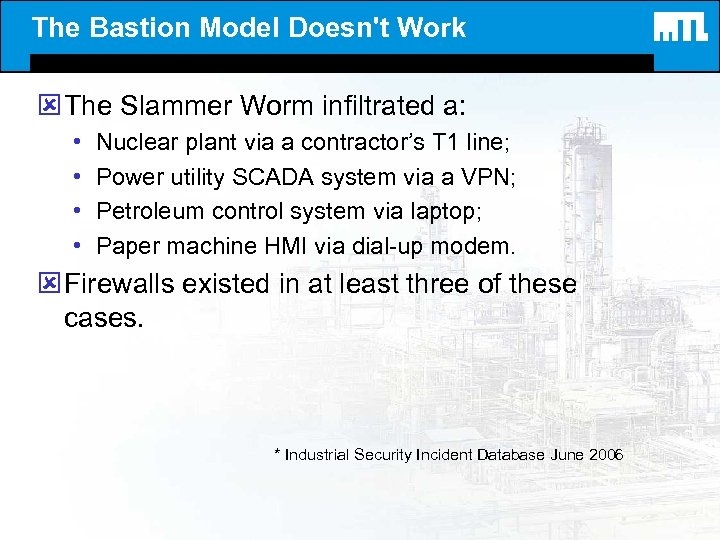 The Bastion Model Doesn't Work ý The Slammer Worm infiltrated a: • • Nuclear