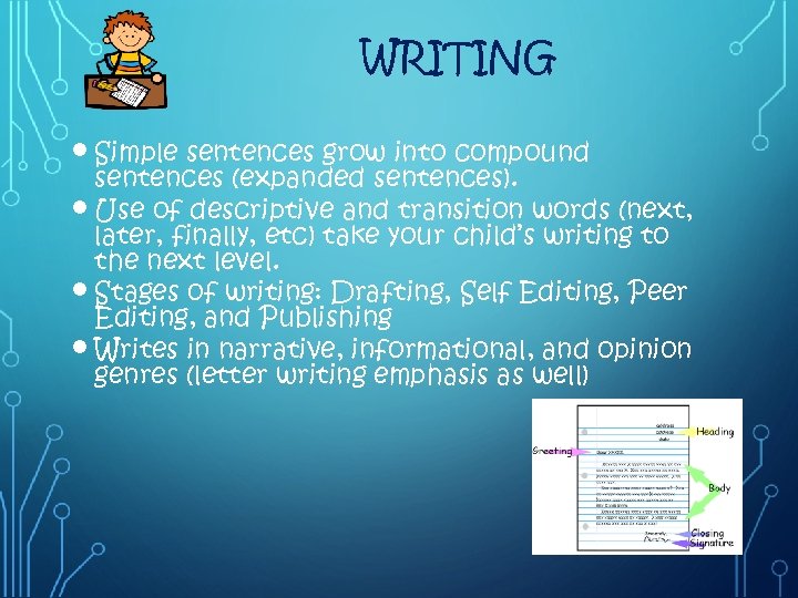 WRITING Simple sentences grow into compound sentences (expanded sentences). Use of descriptive and transition