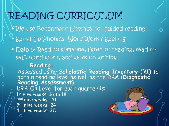 READING CURRICULUM • We use Benchmark Literacy for guided reading • Spiral Up Phonics-