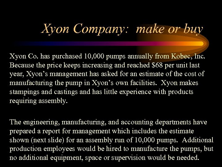 Xyon Company: make or buy Xyon Co. has purchased 10, 000 pumps annually from