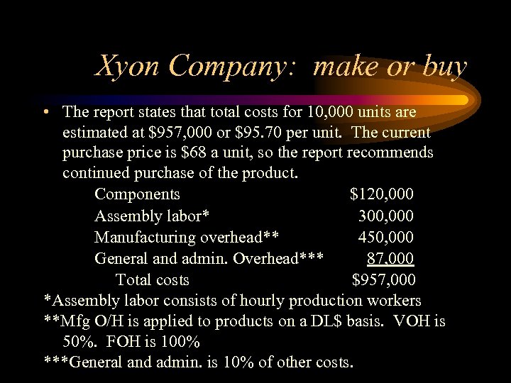 Xyon Company: make or buy • The report states that total costs for 10,