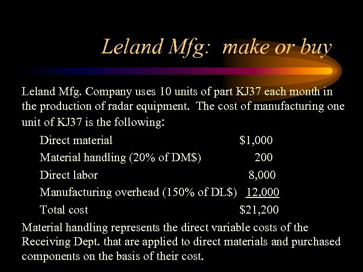 Leland Mfg: make or buy Leland Mfg. Company uses 10 units of part KJ