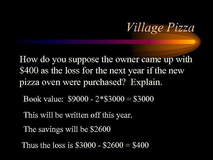 Village Pizza How do you suppose the owner came up with $400 as the