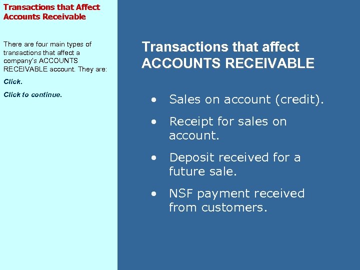 Transactions that Affect Accounts Receivable There are four main types of transactions that affect