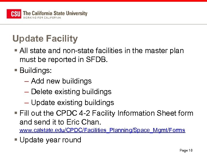 Update Facility § All state and non-state facilities in the master plan must be