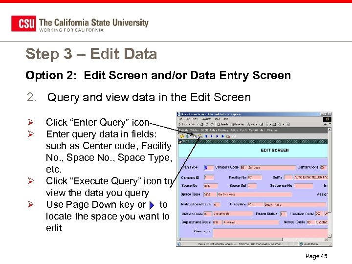 Step 3 – Edit Data Option 2: Edit Screen and/or Data Entry Screen 2.
