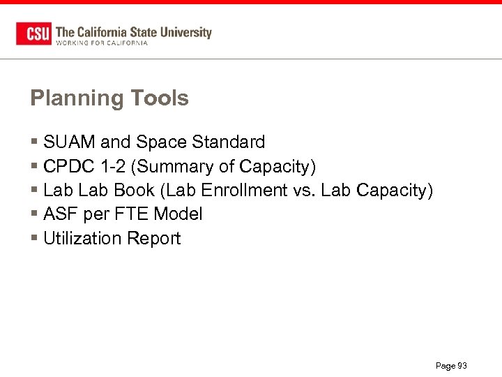 Planning Tools § SUAM and Space Standard § CPDC 1 -2 (Summary of Capacity)