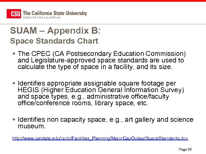 SUAM – Appendix B: Space Standards Chart § The CPEC (CA Postsecondary Education Commission)