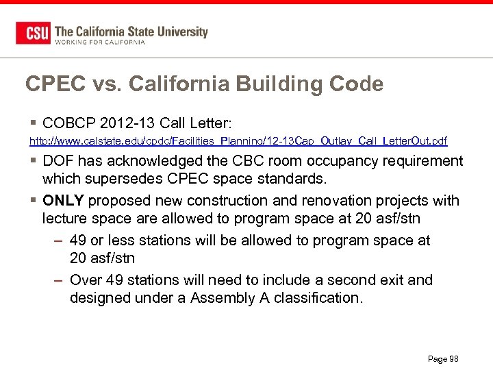 CPEC vs. California Building Code § COBCP 2012 -13 Call Letter: http: //www. calstate.