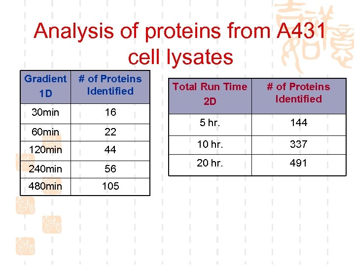 Analysis of proteins from A 431 cell lysates Gradient 1 D # of Proteins