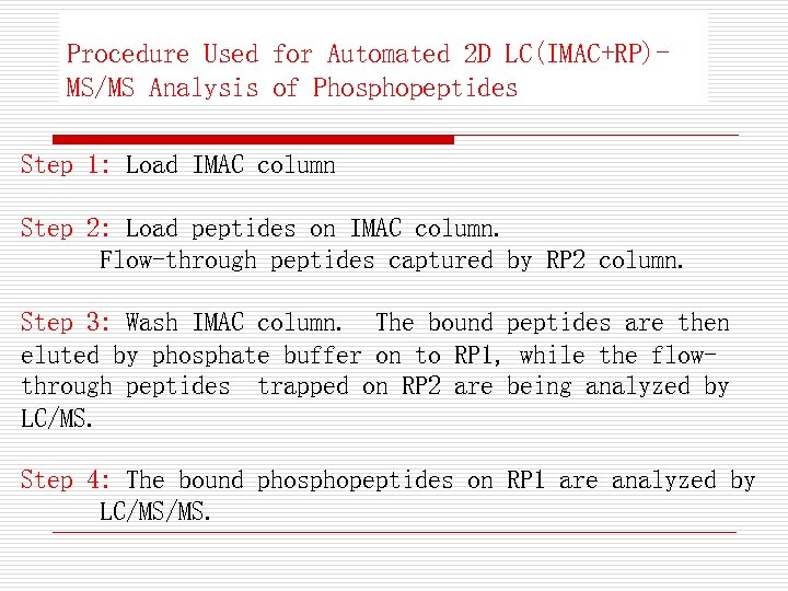 Procedure Used for Automated 2 D LC(IMAC+RP)MS/MS Analysis of Phosphopeptides Step 1: Load IMAC