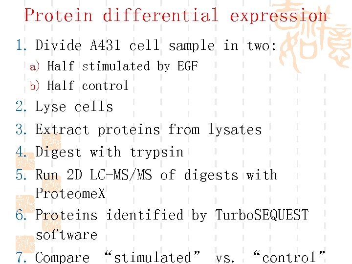 Protein differential expression 1. Divide A 431 cell sample in two: a) Half stimulated