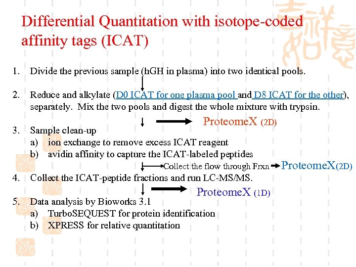 Differential Quantitation with isotope-coded affinity tags (ICAT) 1. Divide the previous sample (h. GH