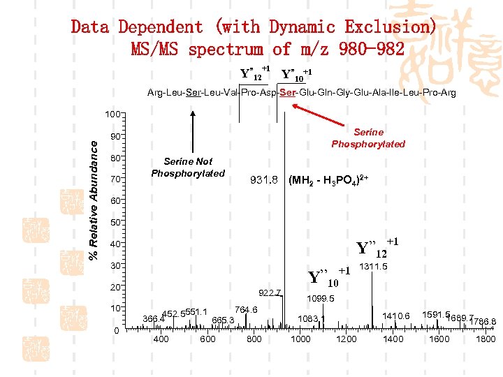 Data Dependent (with Dynamic Exclusion) MS/MS spectrum of m/z 980 -982 Y” 12+1 Y”