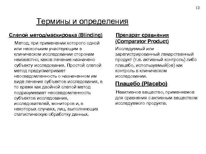 12 Термины и определения Слепой метод/маскировка (Blinding) Метод, применении которого одной или нескольким участвующим