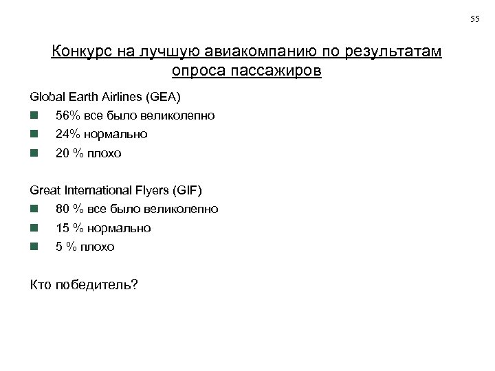 55 Конкурс на лучшую авиакомпанию по результатам опроса пассажиров Global Earth Airlines (GEA) 56%