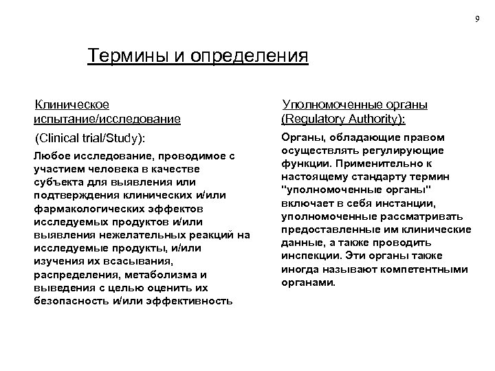 9 Термины и определения Клиническое испытание/исследование Уполномоченные органы (Regulatory Authority): (Clinical trial/Study): Органы, обладающие